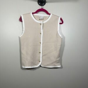 Sincerely‎ Jules Large Vest Sleeveless Gold Button White Trim Beige Classy